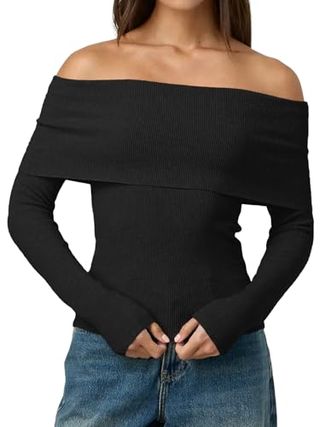 Lillusory Womens Off the Shoulder Pullover Sweaters Long Sleeve Fall Tops Y2k Going Out Date Night Outfits, Black, Large