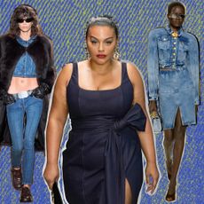 Denim trends for fall 2024 collage, featuring models wearing denim jackets, denim skirts, denim pants, denim dresses, silver coated jeans, and two tone denim dresses