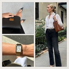 Collage of Editor, Watch, and Black Handbag