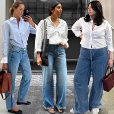 three stylish women posing in button-down shirts and jeans