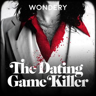 the dating game killer podcast cover art of a man with long hair in a 70s-like suit and shirt