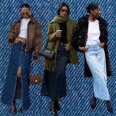 denim skirt outfits shown in a collage of women showing how to wear jean skirts 