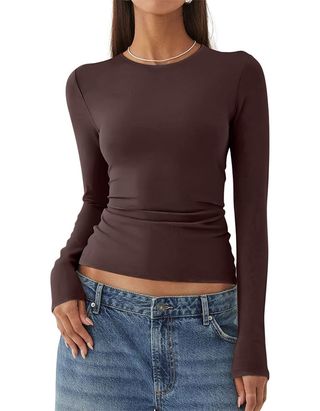 Reoria Womens Fashion Casual Long Sleeve Shirts Crew Neck Layering Basic Tee Slim Fitted Going Out Tops for Women Cocoa X-Large