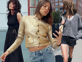 fashion collage of three editorial shots from Zara including a black belted dress, metallic gold cardigan jacket, and gray wool cardigan with shorts