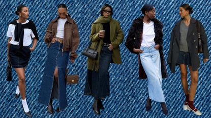 denim skirt outfits shown in a collage of women showing how to wear jean skirts 