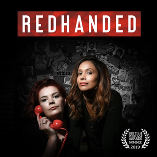 red handed podcast cover with two women and a police investigation board behind them and holding an old red phone