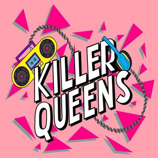 killer queens podcast art cover image with 80s looking design and a boom box