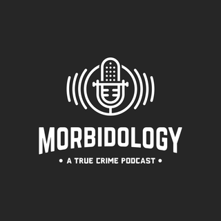 morbidology podcast cover art with a microphone and a black backdrop