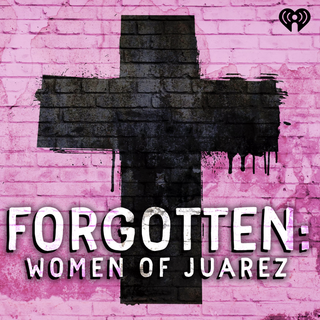 forgotten women of juarez podcast cover art of a cross painted black on a pink brick wall