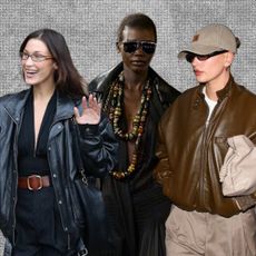 Images of brown and black leather bomber jackets from Saint Laurent Spring 2025 runway show, Hailey Bieber wearing a brown leather bomber jacket, and Bella Hadid wearing a black leather bomber jacket.