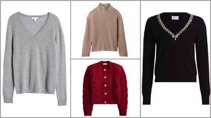 product collage of Nordstrom V-Neck Cashmere Sweater, J.Crew Cable-Knit Cardigan Sweater, Gap Oversized Split-Hem Mockneck Sweater, Milly Kalia Crystal-Trim Sweater on white background with grey border 