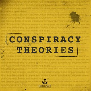 conspiracy theories podcast cover art of a yellow piece of paper with ink splotches