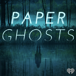 paper ghosts podcast cover art with the reflection of. aperson over a lake and a foggy forest