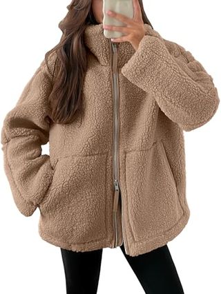 Anrabess Women Fuzzy Fleece Jacket Casual Long Sleeve Oversized Sherpa Warm Coats Double Zip Winter Teddy Outwear With Pocket Small