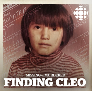 missing and murdered finding cleo podcast cover art with an old photo of a little girl in a striped shirt and the overlay of a police file