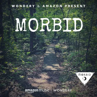 morbid podcast cover art with a bridge over a creek in the woods