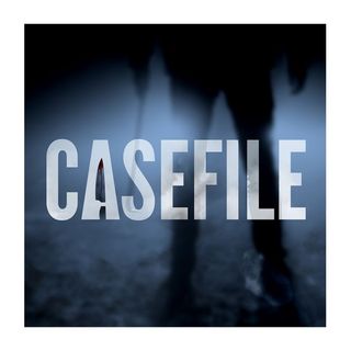 casefile podcast cover art with a shadow of a killer holding a knife in the woods