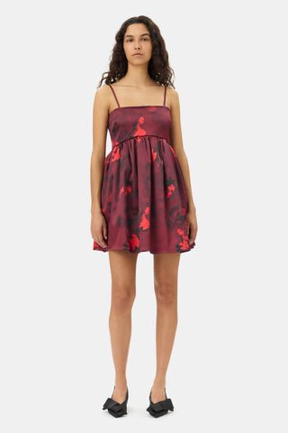 Red Floral Print Satin Strap Mini Dress