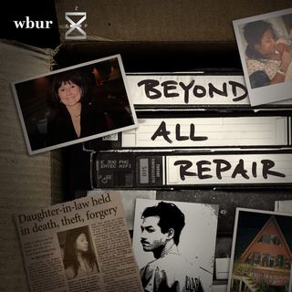 beyond all repair true crime podcast cover art with vhs tapes news paper clippings and old photos