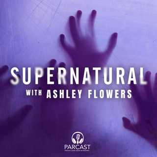 supernatural with ashley flowers podcast cover art with a purple hue and hands reaching up