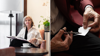 Composite image: left hand side Victoria Broackes reads a book with a cup of tea; right, close up of Charles Burns cutting a silhouette from a piece of card