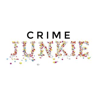 crime junkie podcast cover art of the word junkie in pills falling a part