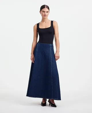 Madewell, Alexa Chung for Madewell Denim Flare Midi Skirt in Pellson Wash