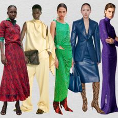 winter 2025 color trends of red, yellow, green, blue, pruple, seen at Gucci, Alexander McQueen, Bottega Veneta, Stella McCartney, Tory Burch, Ferragamo, Lanvin, Chanel, and Christian Dior