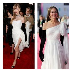 Taylor Swift and Kate Middleton in white gowns and black opera gloves