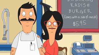 two Bobs burgers characters standing by a kitchen and register