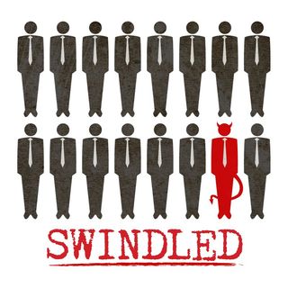 swindled podcast cover art with illustrations. ofpeople and one that looks like a red devil