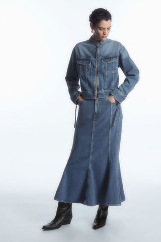 Paneled Flared Denim Skirt