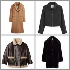 product collage of Abercrombie Suiting Zip Jacket, Gap Reversible Recycled Vegan Leather Sherpa Jacket, J.Crew Savoy Topcoat in Italian Wool-Blend Melton, Elie Tahari Noir Faux Fur Coat on white background with grey border 