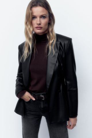 Zara + Faux Leather Double Breasted Blazer