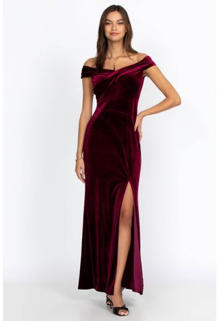 Johnny Was + Burgundy Solid Stretch Velvet Dress