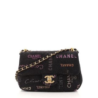 Chanel + Denim Mood Flap Bag Logo Printed Quilted Denim Small