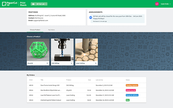 3D Printing feature dashboard