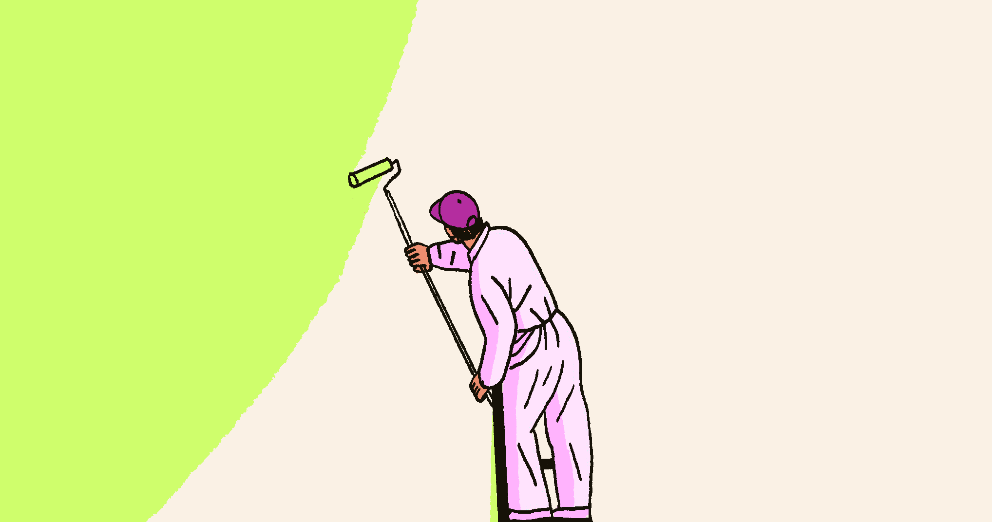 Illustration of wall painter painting a wall chartreuse