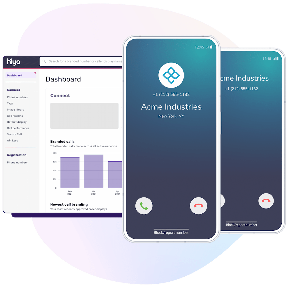 Hiya Connect dashboard and phones displaying branded caller ID