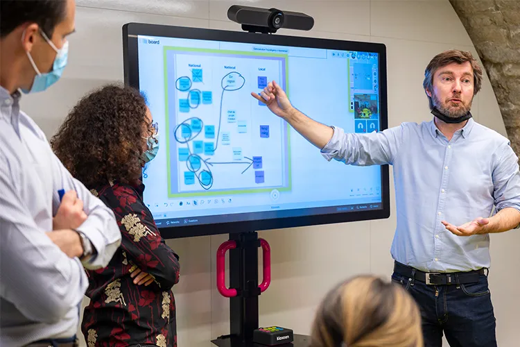 Team members brainstorming and presenting ideas on a MeetingBoard