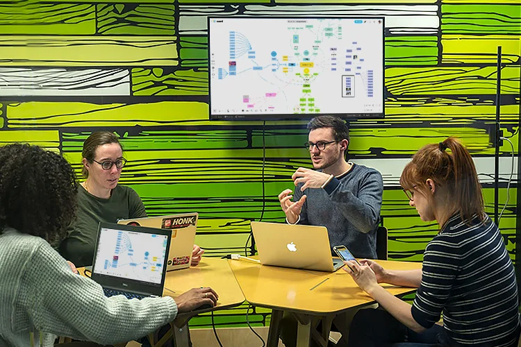 A team running a working session on desktop and on a MeetingBoard