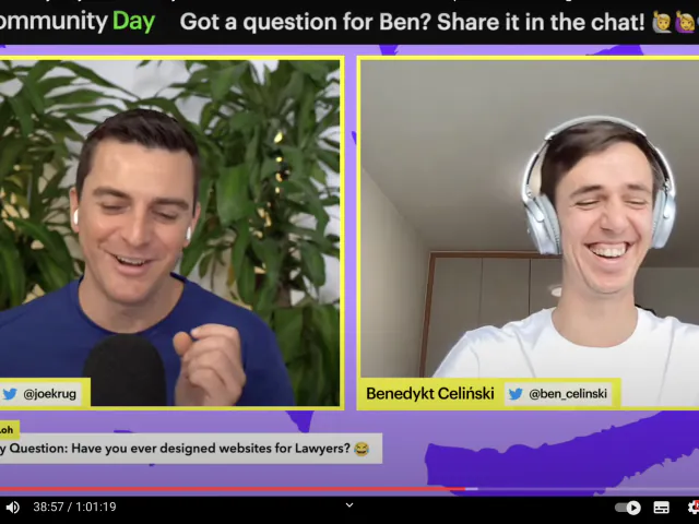 Joe Krug and Ben Celinski talking during the Community day live stream on Finsweet's YouTube channel