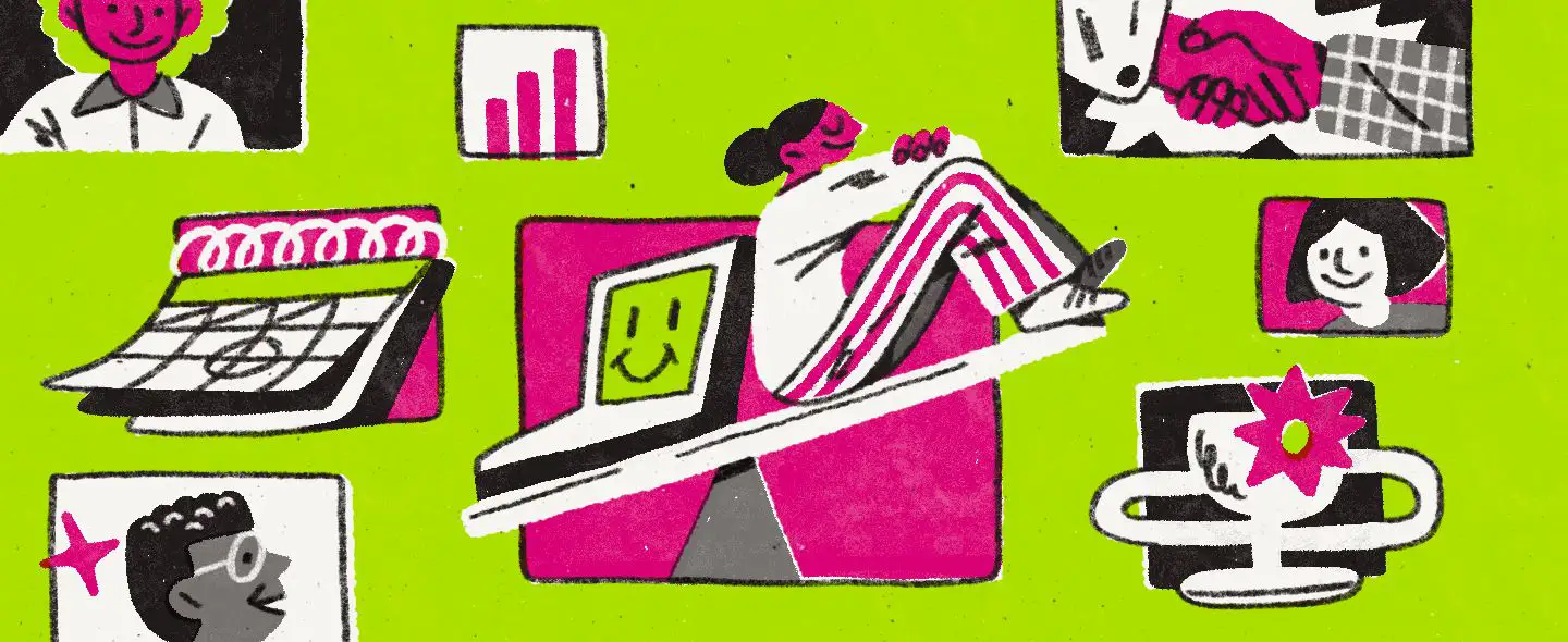 An illustration of a person sitting on a balancing beam and the other side is a computer happily smiling. There are other icons around that are calendars and awards