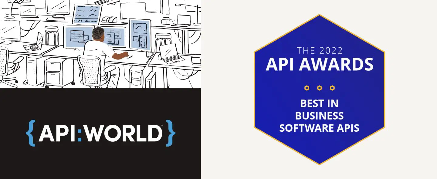 Top left is an illustration of someone doing work on multiple monitors. Below that is the API world logo. On the right is the award icon for the Best in Business APIs