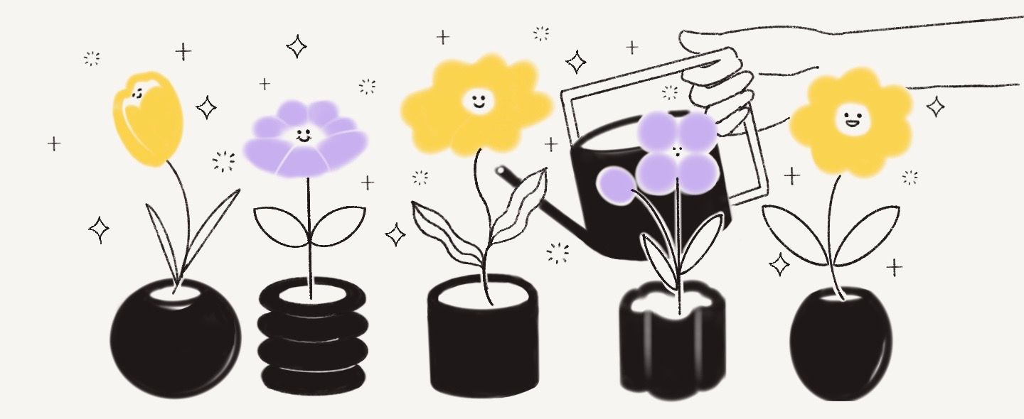 illustration of a watering can watering flowers that have smiley faces on them