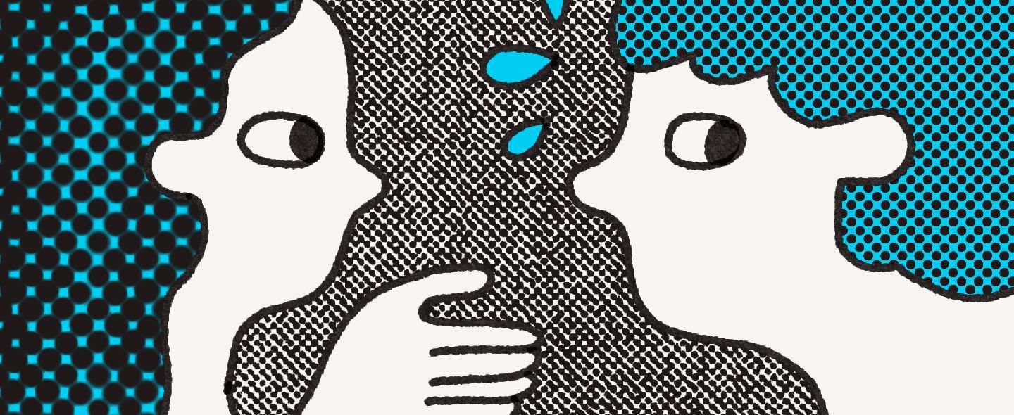 illustration of two people talking while one is sweating from discomfort