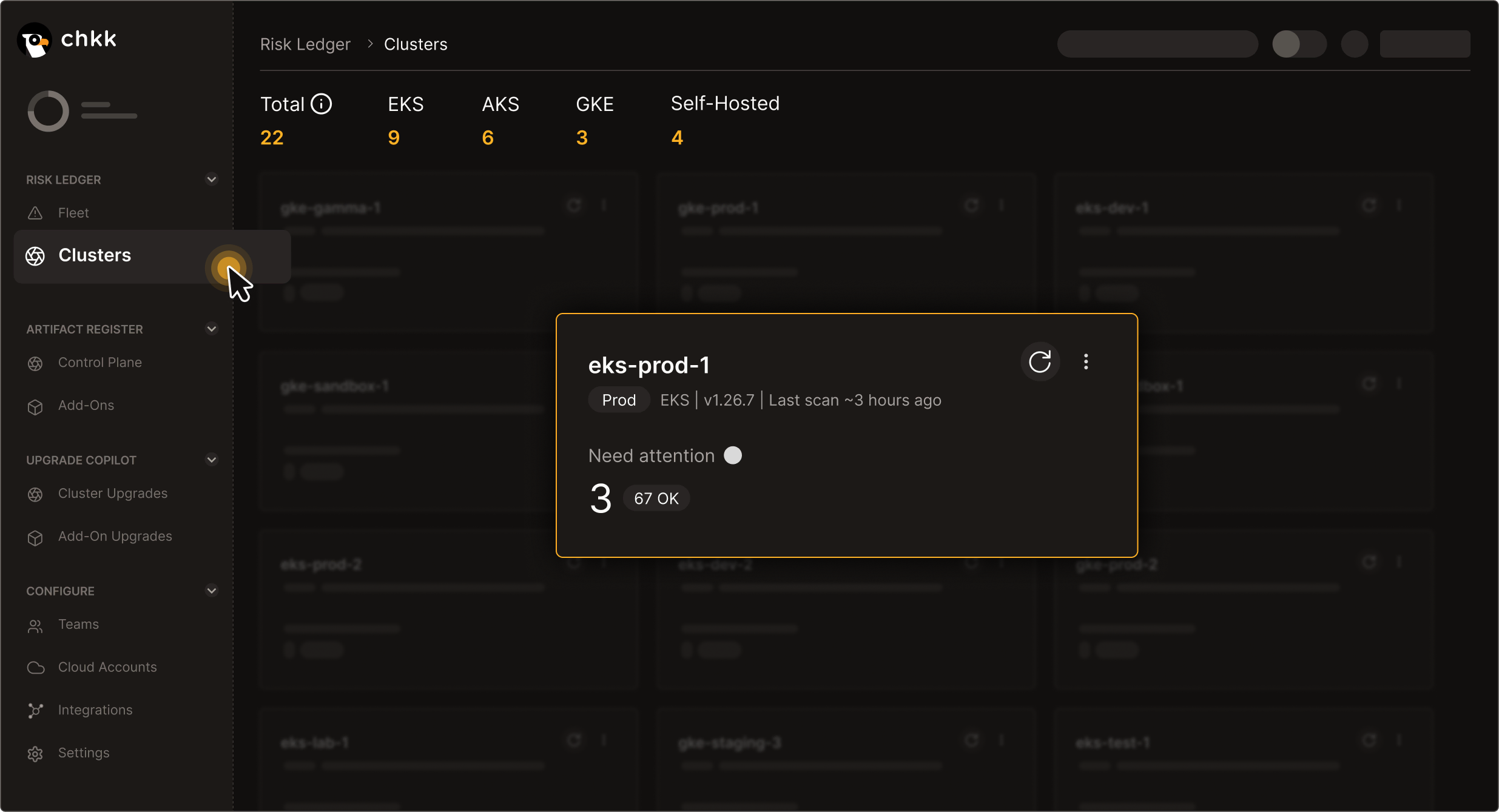 Chkk dashboard highlighting the eks-prod-1 cluster