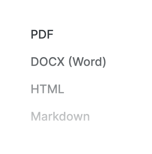 An image of the file types that Type's document editor exports to: they include Docx, PDF, HTML.