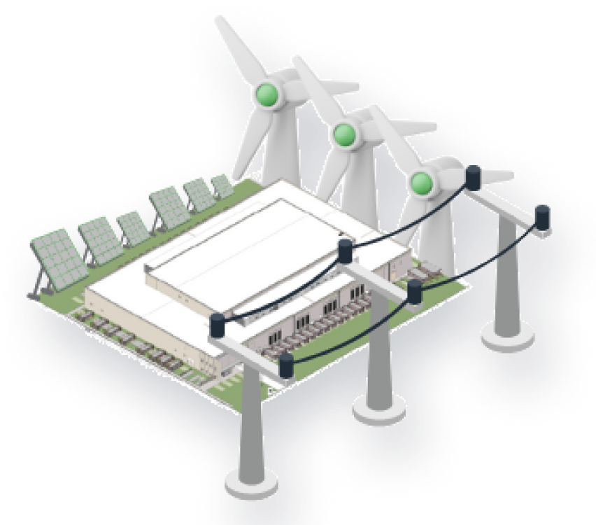 an illustration showing a data center being powered by grid and wind