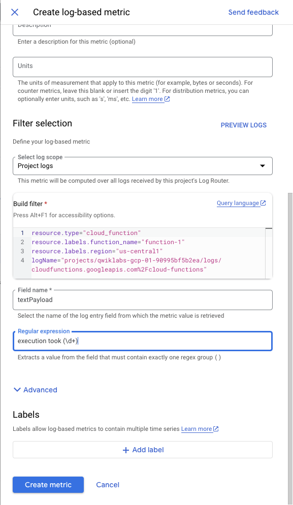 Create logs metric page